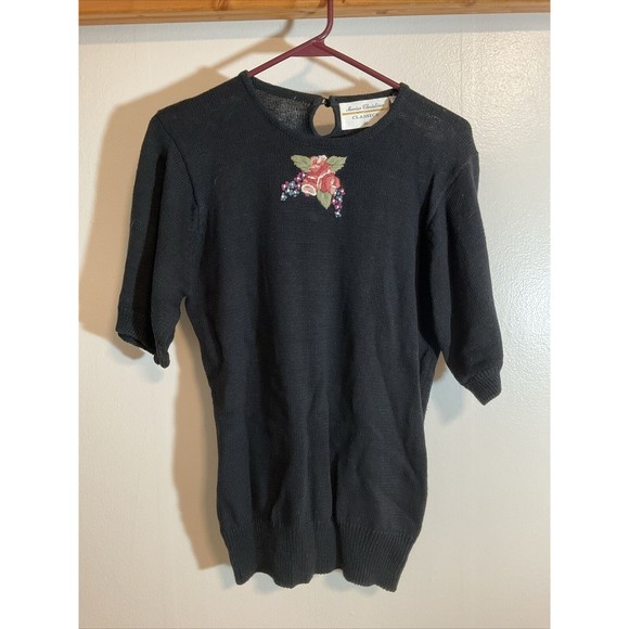 Marisa Christina Classics Women’s M Black Short Sleeve Sweater Vintage Art - Picture 1 of 10